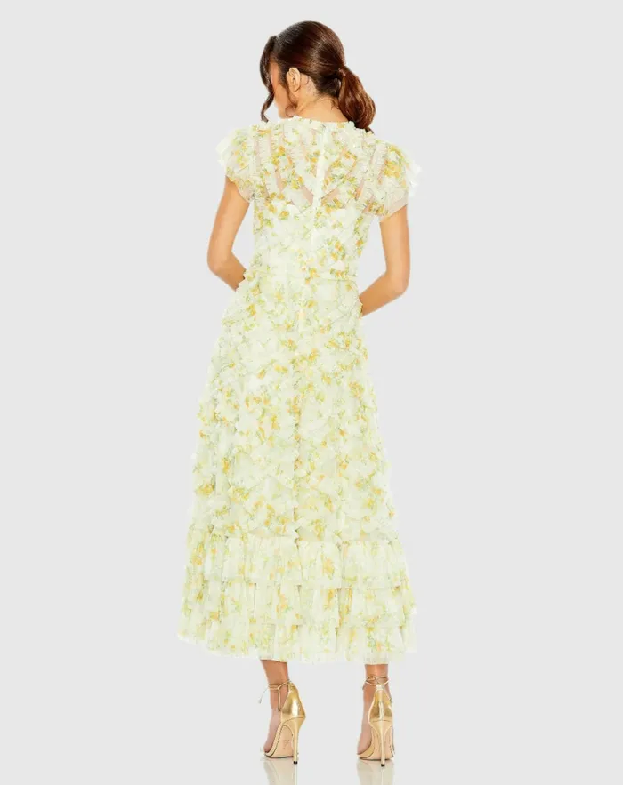 Yellow High Neck Ruffle Cap Sleeve Floral Dress Yellow Multi Daytime Dresses Mac Duggal Women Yellow High Neck Ruffle Cap Sleeve Floral Dress Yellow Multi Daytime Dresses Mac Duggal Women